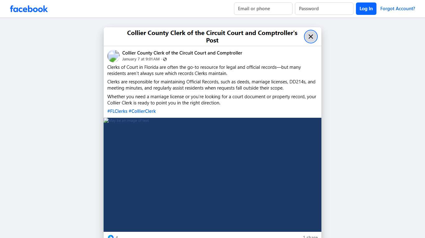 Clerks of Court in Florida are often the go-to resource for legal and official records—but many residents aren’t always sure which records Clerks maintain. Clerks are responsible for maintaining Official Records, such as deeds, marriage licenses, DD214s, and meeting minutes, and regularly assist residents when requests fall outside their scope. Whether you need a marriage license or you’re looking for a court document or property record, your Collier Clerk is ready to point you in the right dire